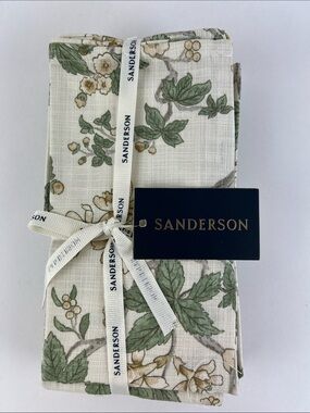 Sanderson Floral Linen Napkins in Green and Cream 100% Cotton Set of 8 NEW